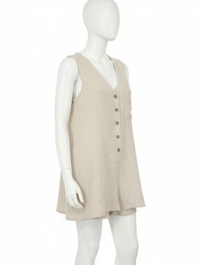 Relaxed Button Front Light Beige Linen-Blend Romper by  EE : Some Los Angeles M